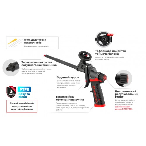 Пистолет для монтажной пены с полным тефлоновым покрытием профессиональный + 4 насадки INTERTOOL (PT-0610)