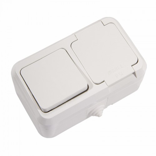 Розетка + выключатель с заземлением Makel IP44 без шторок с крышкой белый (18350)