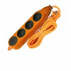Подовжувач 3 гнізда, двостороння колодка без з/к, з USB, помаранчева, ударостійка, 2 метри (SL-1-43)