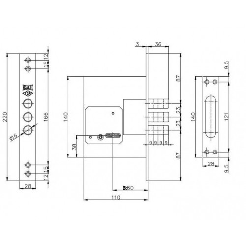 Замок сувальдний 257L, хром, 5 ключів, бексет: 60 mm, без лицьової планки