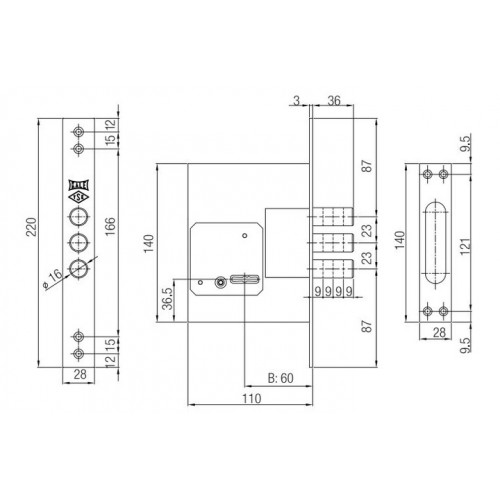 Замок сувальдний 257L, хром, 5 ключів, бексет: 60 mm, без лицьової планки, ключ 75мм